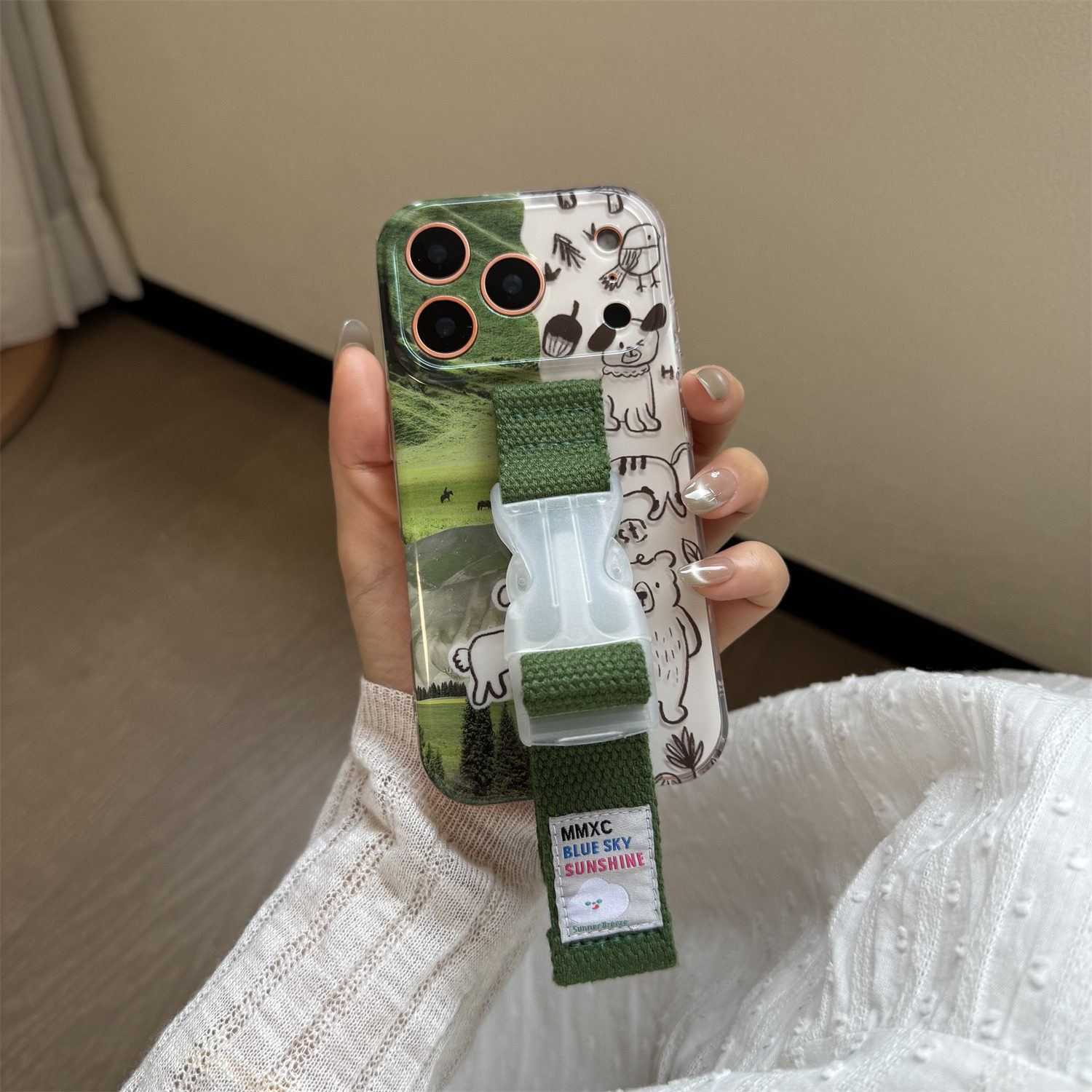 小众高级感拼图线条小狗腕带适用苹果17 Pro Max 16 15 14 手机壳支架小众原创缝线绿色全包精孔保护摄像头