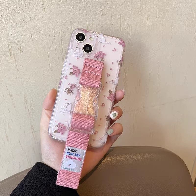 ins春夏韩风猫咪适用苹果17 16 15 Pro Max手机壳腕带iPhone14 13 12少女花朵创意支架小众牛仔设计缝线,3C数码配件,手机保护套/壳,淘宝优惠券,粉丝福利购,淘宝优惠卷