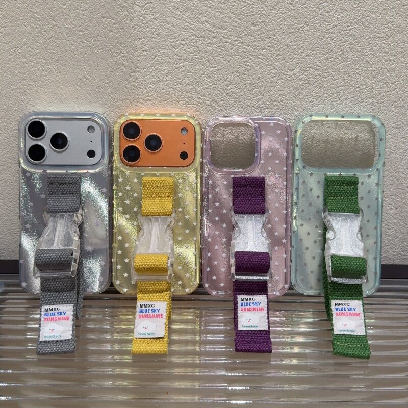 ins春夏高级感梦幻星星腕带适用苹果17 Pro Max手机壳16 15原创创意支架13 14小众少女粉色紫色绿色灰色缝线