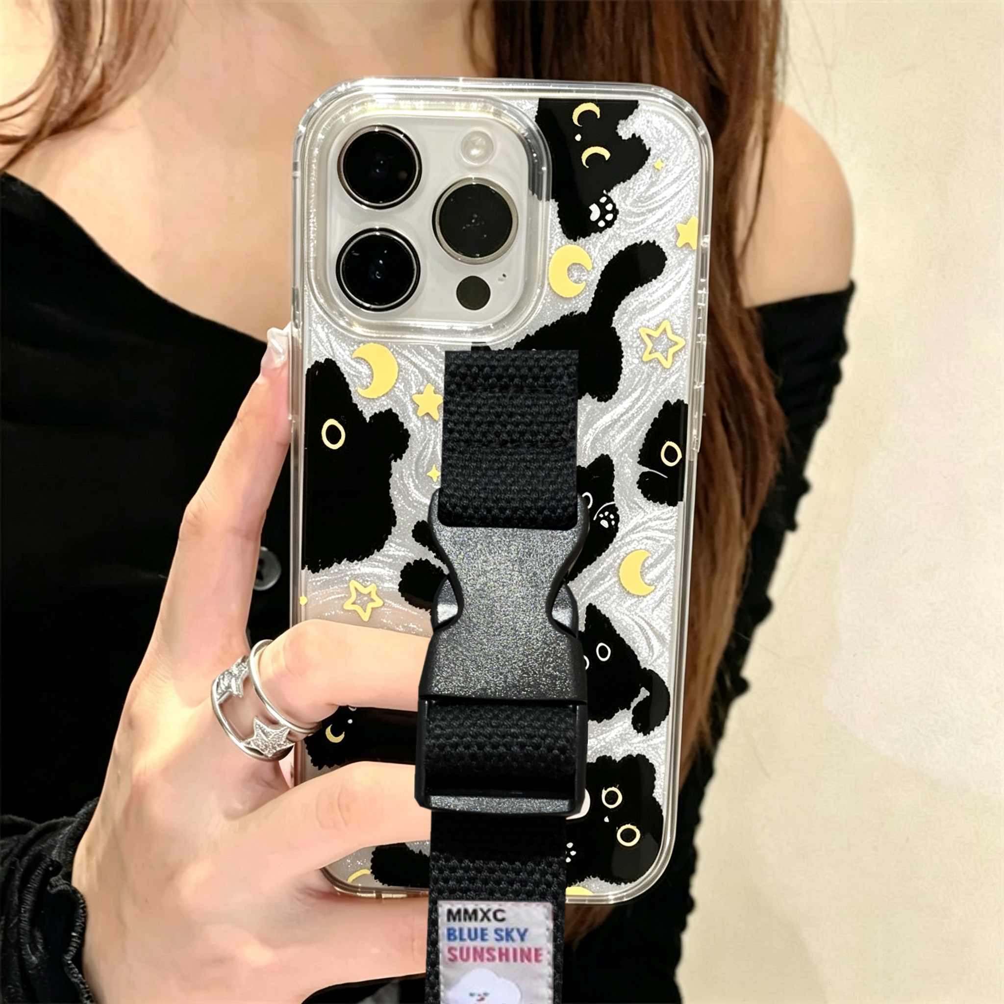 小众可爱黑猫腕带适用苹果17 16 15 14 Pro Max手机壳13华为mate60 70 80pro max p80支架小众原创缝线小米17