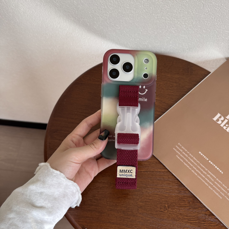 ins高级感晕染适用苹果17Pro Max手机壳腕带iPhone16 15 14 13磨砂色块便携支架小众缝线