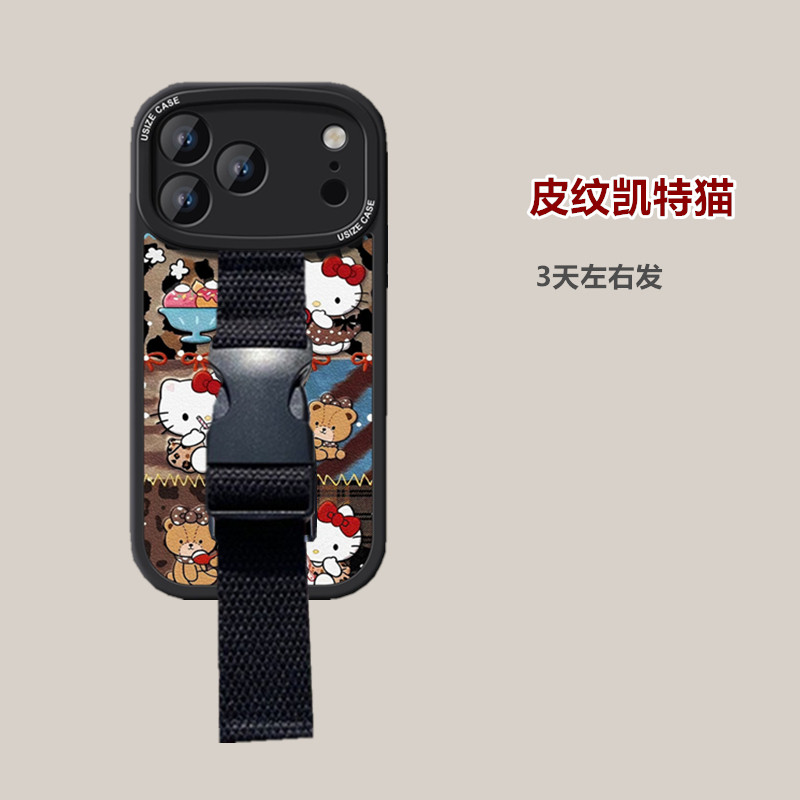 ins少女卡通猫咪适用苹果17 16 15腕带手机壳iPhone14 13 12华为mate60 pro 70支架小米17定制型号Oppo皮纹