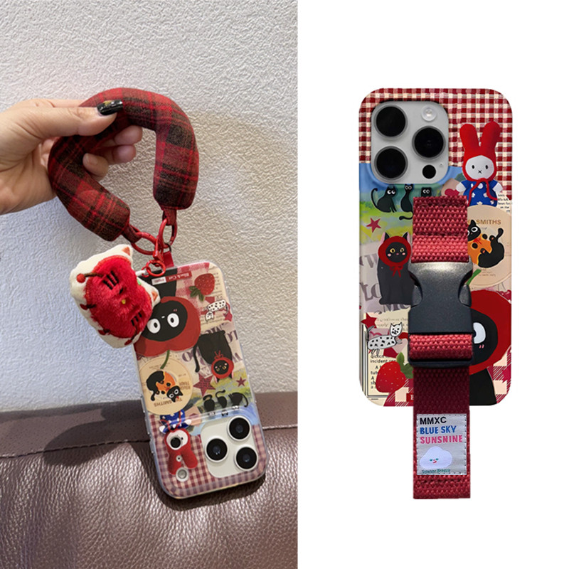 圣诞新年红色猫咪适用苹果17 16 15腕带手机壳iPhone14 13 12华为mate60pro 70支架支架小米17定制型号本命年