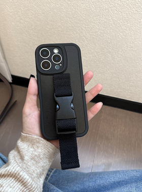 潮牌皮纹黑色适用苹果17 16 15 14Pro Max手机壳腕带iPhone13 12华为mate60 pura70小米15皮纹定制型号