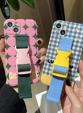 小红书原创蓝色格子腕带适用苹果17 16 15 pro max手机壳少女波点iphone14 13小众创意12 11缝线