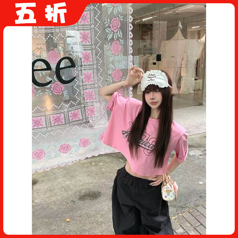 【五折】26夏季新款韩版时尚百搭显瘦字母粉色印花短袖T恤女上衣