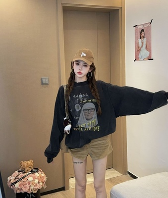 Miss家 2025秋季新款韩版时尚百搭宽松复古印花长袖卫衣女