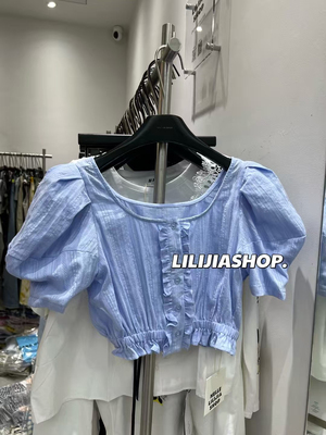 Miss家 法式甜美蕾丝花边短款衬衫女夏季洋气独特温柔泡泡袖上衣