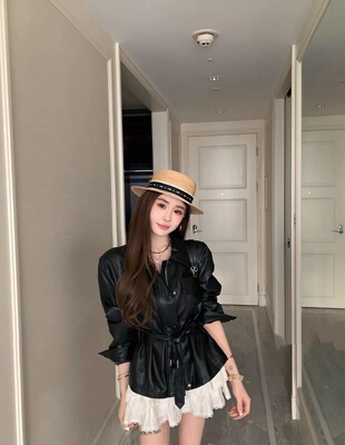 Miss家 2026春季新款女时尚翻领系带洋气机车短款时尚皮衣外套