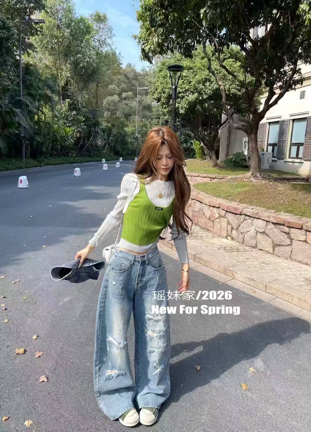 Miss家 2026春新款撞色假两件薄款针织衫字母贴标显瘦洋气上衣