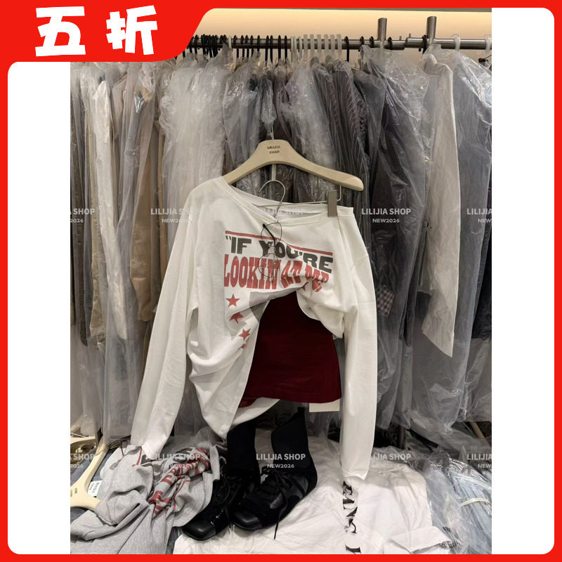 【五折】26秋季新款美式复古印花上衣手绘涂鸦宽松圆领长袖T恤女