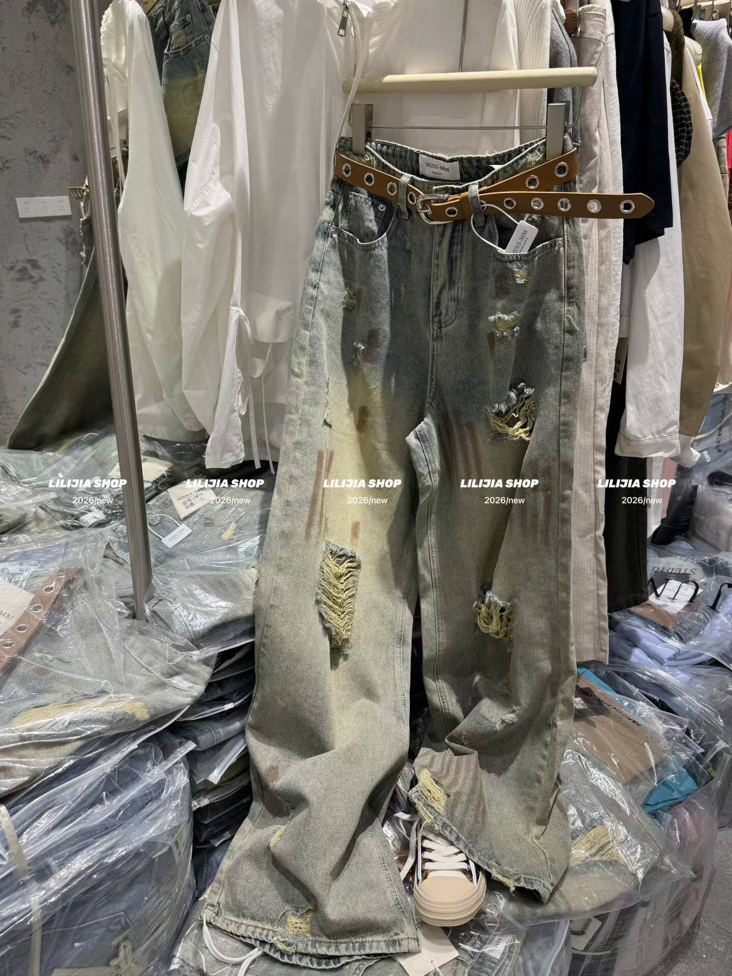 Miss家 美式复古色破洞乞丐牛仔裤女高街小众设计感长裤子配腰带