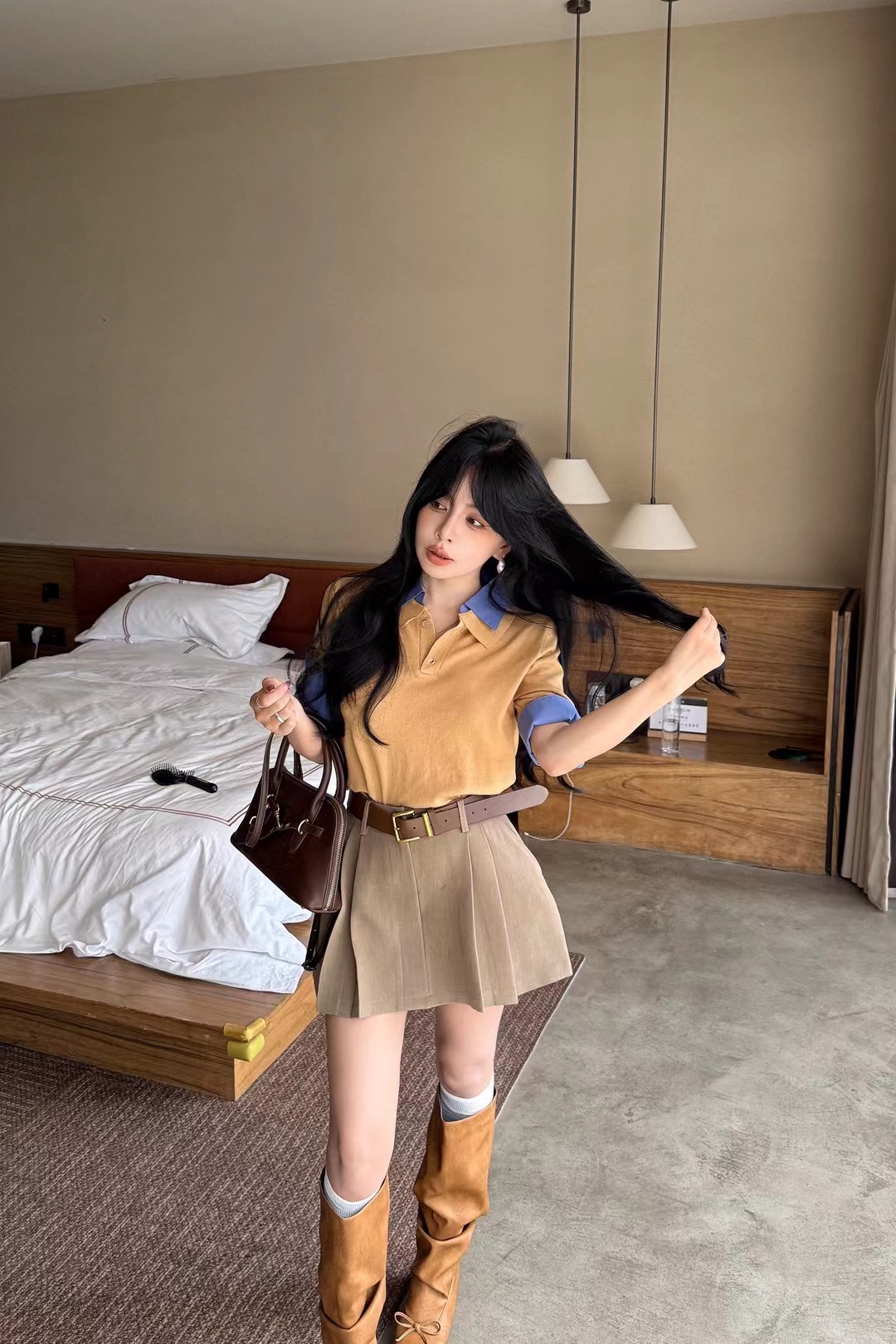 Miss家 2026秋季新款韩版翻领polo领撞色假两件拼接中袖针织衫女