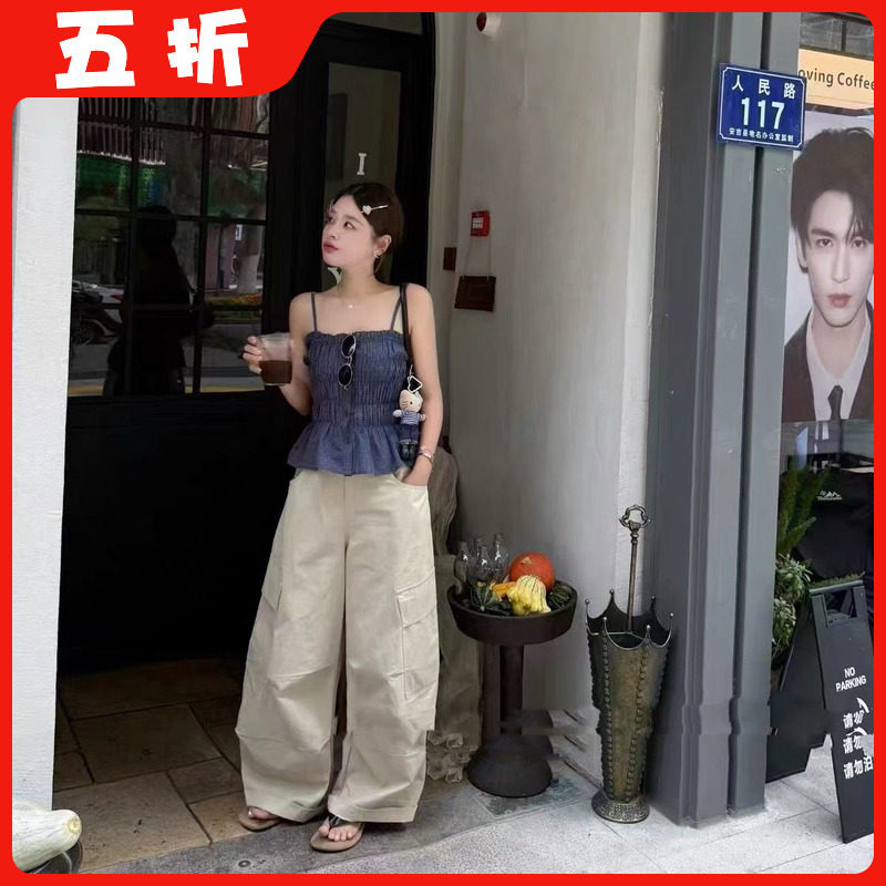【五折】蓝色格纹吊带女2026夏季时尚洋气短款收腰荷叶边背心套装