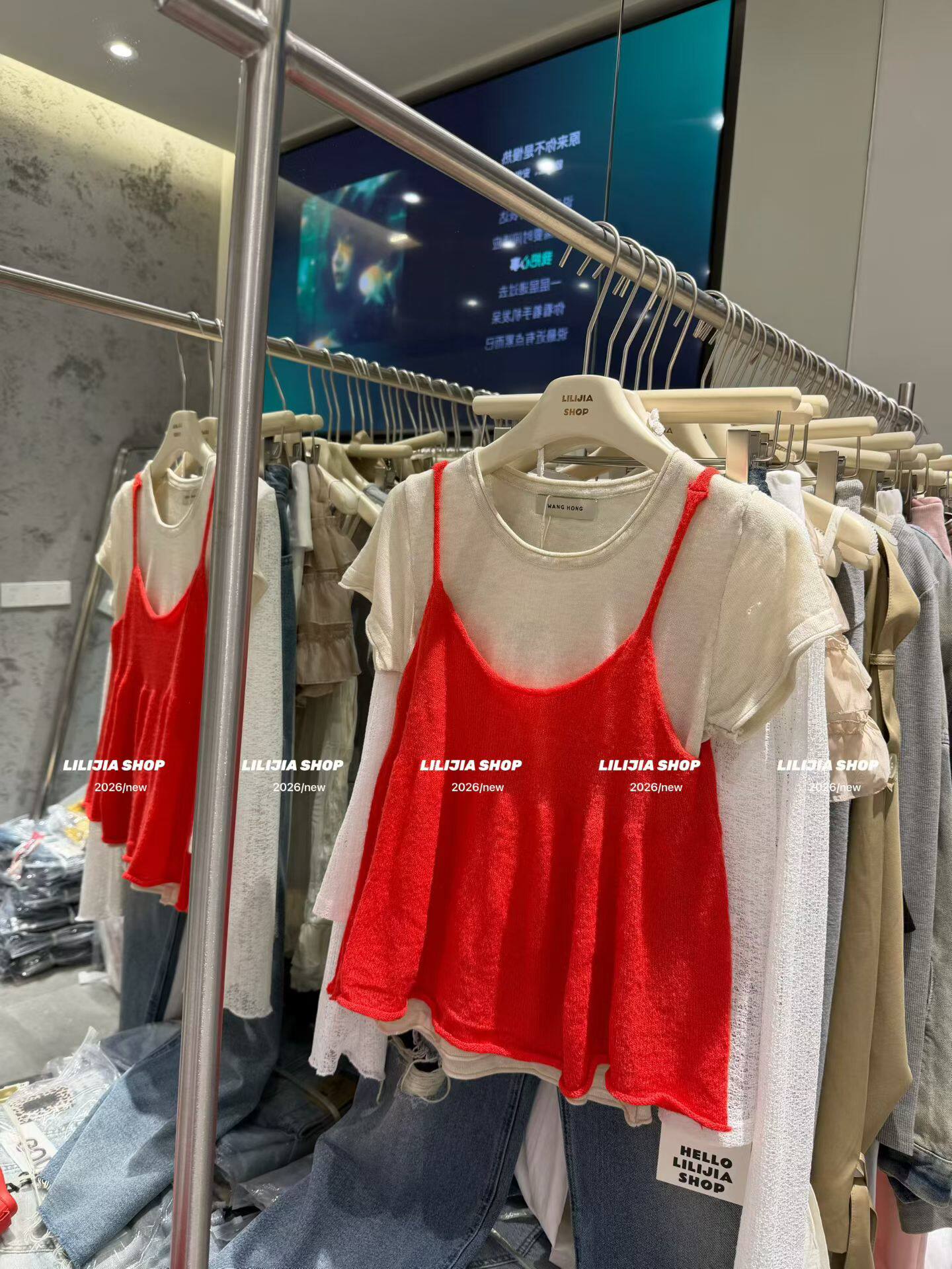 Miss家 红色针织吊带背心两件套女夏新款叠穿短袖针织衫显瘦上衣