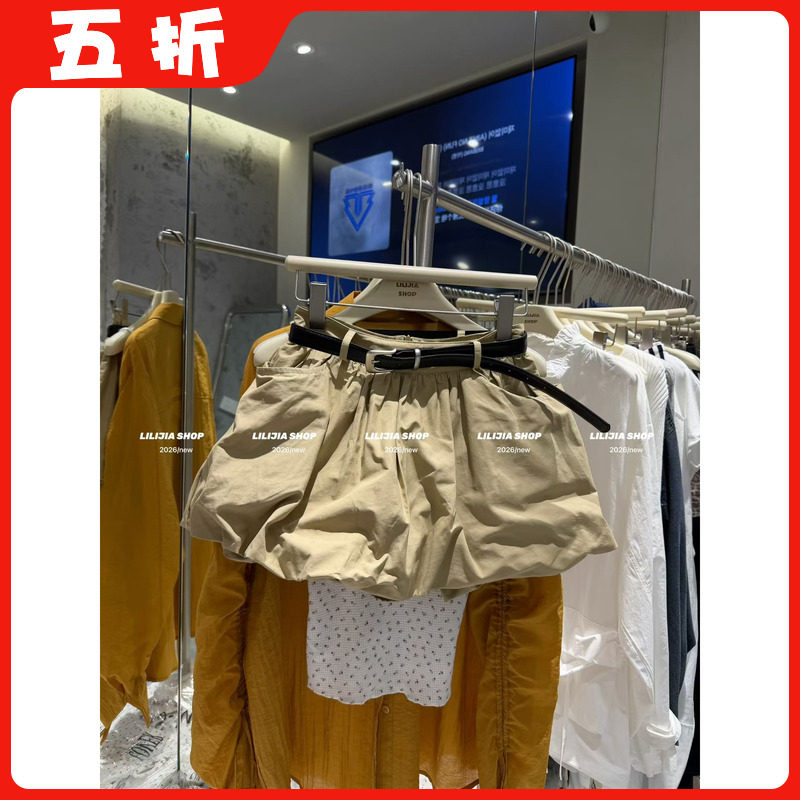 【五折】2026夏季新款韩版时尚百搭宽松显瘦花苞卡其色短裙配腰带