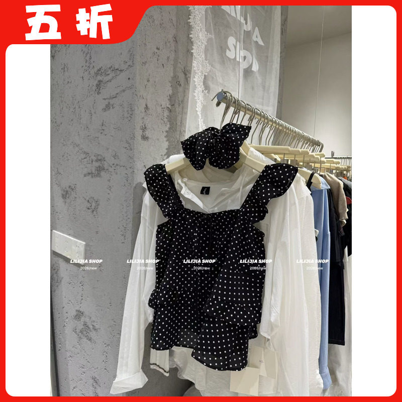 【五折】2026夏季新款韩版时尚百搭显瘦无袖点点背心女配发带