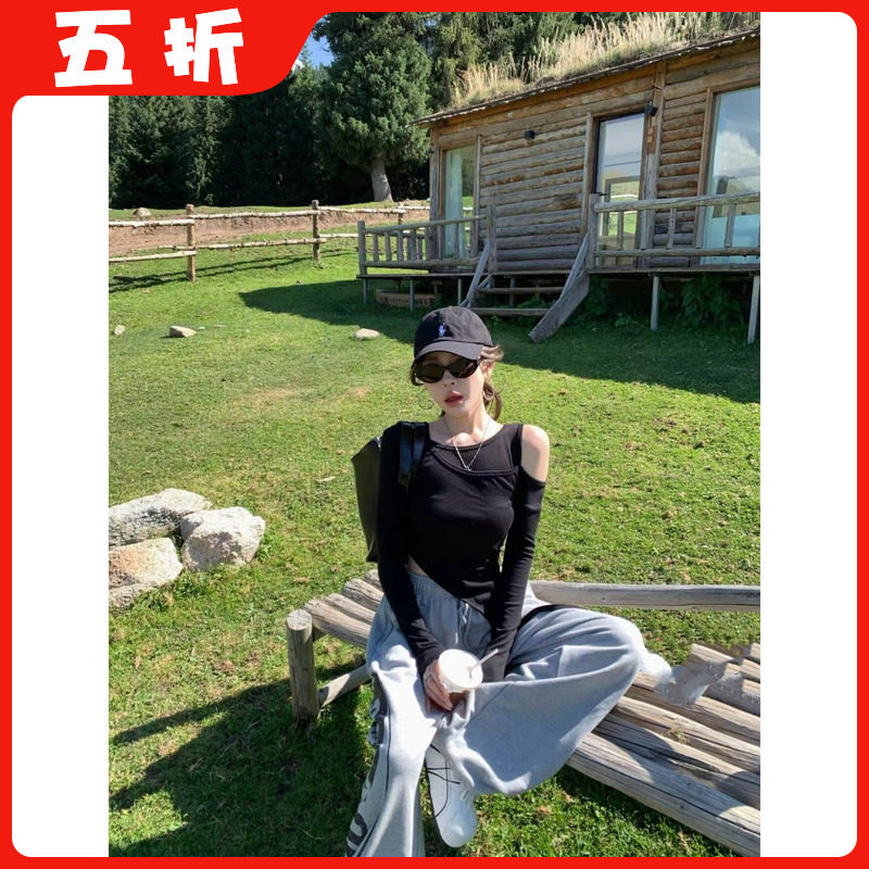【五折】韩国东大门2026新款小众设计感假两件漏肩显瘦长袖t恤女