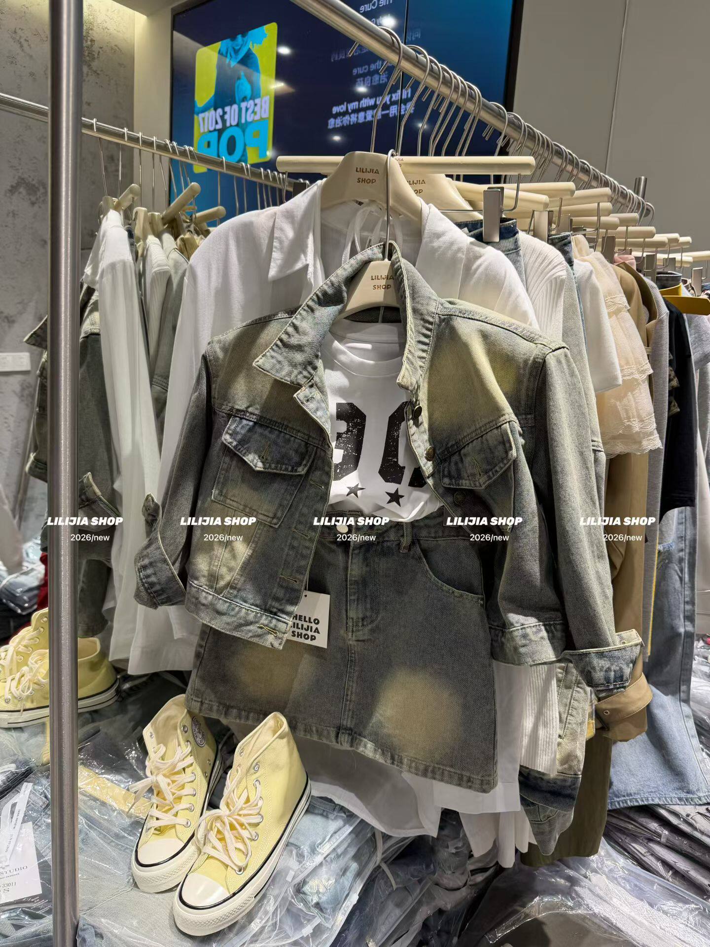 Miss家 牛仔套装女春秋新款设计感小众短款外套高腰短裤裙两件套