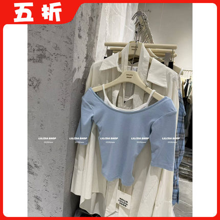 【五折】26新款韩版时尚百搭显瘦设计感假两件漏肩修身短袖T恤女