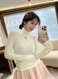 Miss家 高领打底衫女秋冬季黑色修身显瘦内搭爱心镂空长袖T恤打底