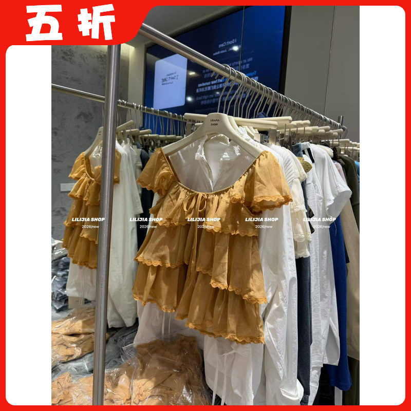 【五折】法式蕾丝拼接方领小飞袖衬衫女夏季2026新款独特雪纺上衣