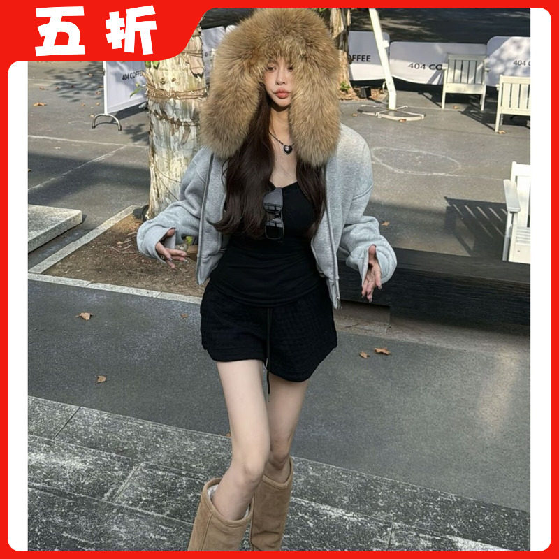 【五折】灰色真毛领连帽卫衣女秋冬新宽松拉链开衫外套小个子上衣