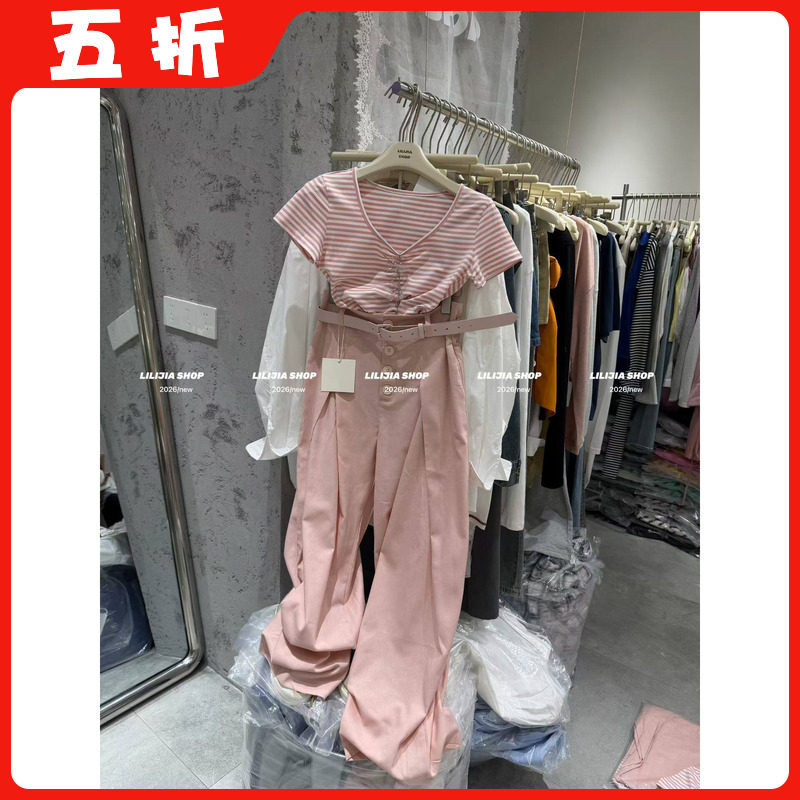 【五折】26夏季韩版时尚百搭宽松显瘦条纹短袖T恤+粉色休闲裤套装