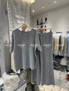 Miss家 2026春韩版时尚百搭宽松V领显瘦短袖上衣+阔腿裤时尚套装