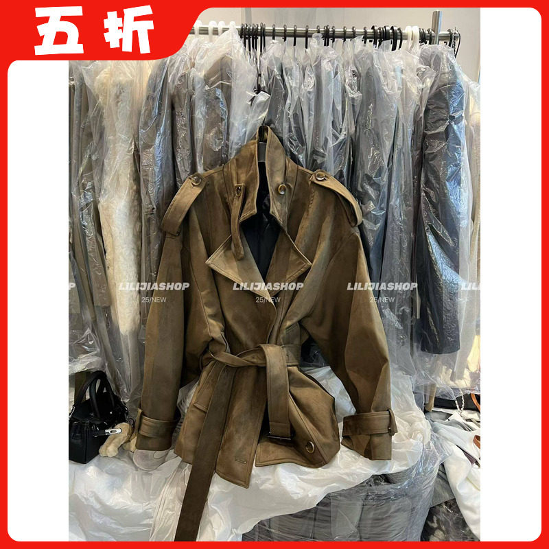 【五折】韩版时尚百搭宽松显瘦翻领长袖麂皮绒夹棉风衣外套女