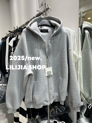 Miss家 2025春新款韩国东大门连帽宽松百搭长袖拉链灰色卫衣外套