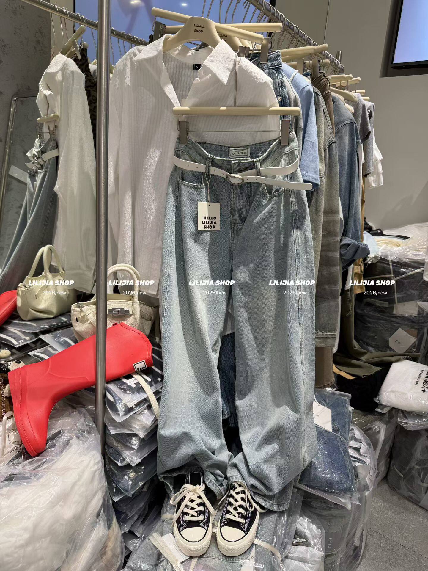 Miss家 高腰白色腰带阔腿牛仔裤女2026春宽松休闲直筒拖地长裤