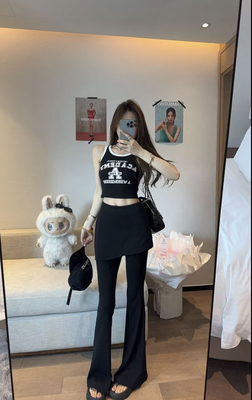 Miss家 辣妹套装裤子女韩版美式无袖字母背心+屁帘喇叭裤两件套