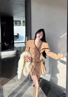 Miss家 2026秋冬韩版时尚百搭翻领双排扣中长款腰带毛呢连衣裙