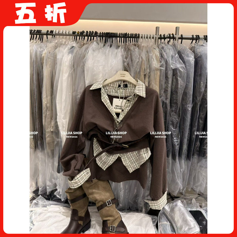 【五折】早秋新款复古格子拼接假两件长袖卫衣半裙时尚感两件套装