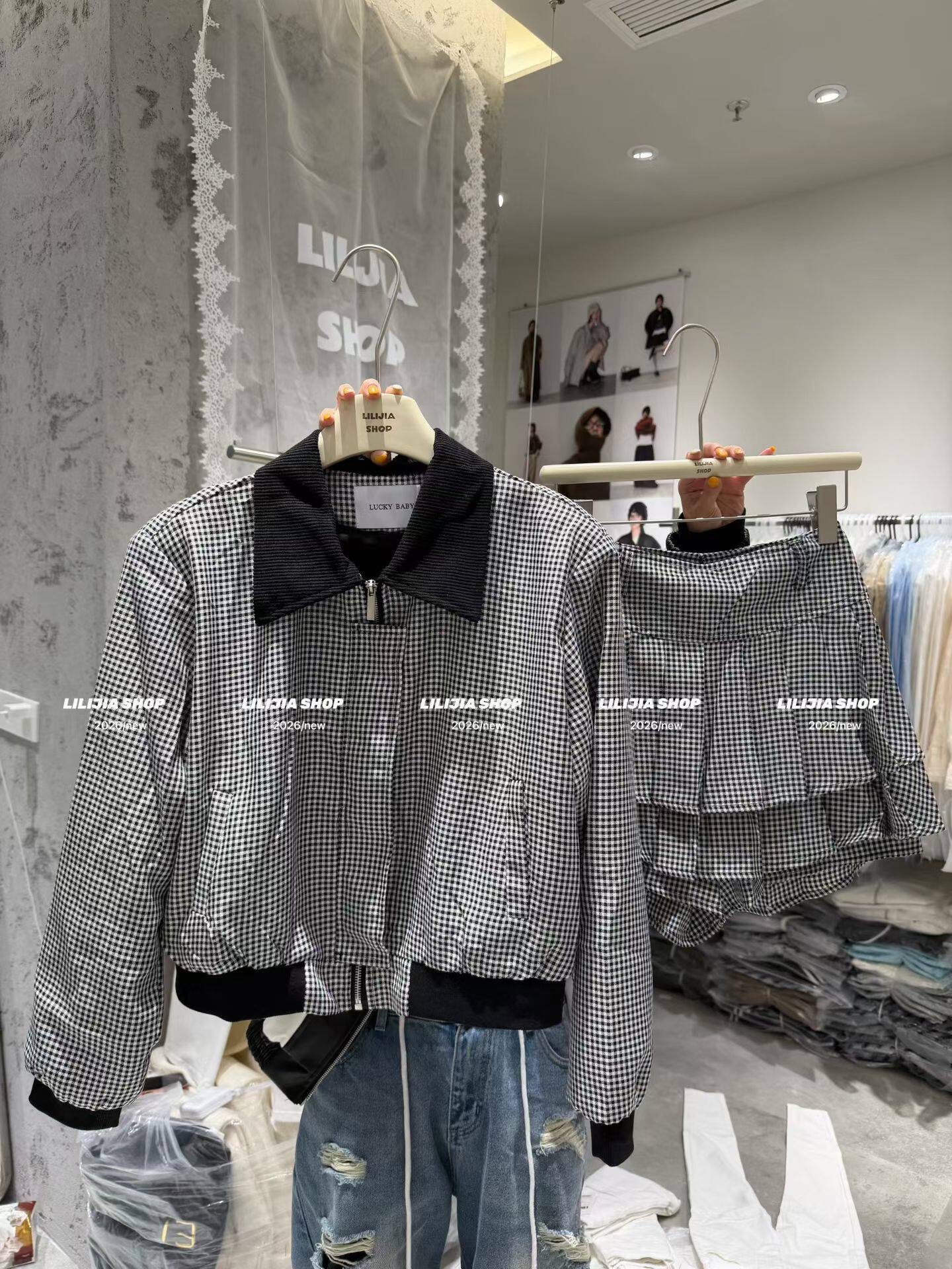 Miss家 美式复古黑白格子短外套套装女百褶蛋糕短裙半身裙两件套