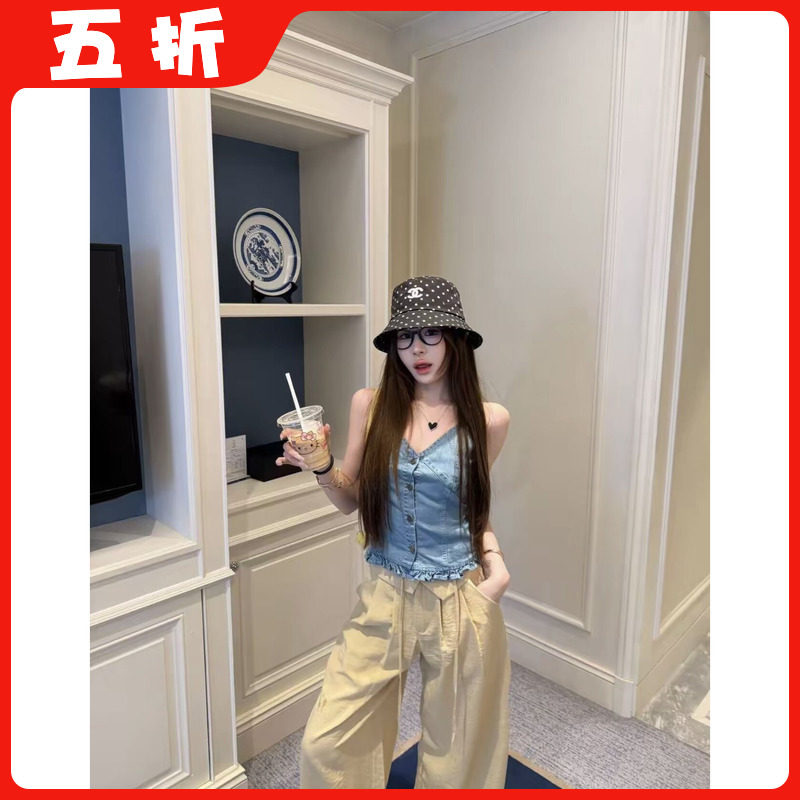 【五折】复古木耳花边收腰牛仔吊带背心女2026夏季修身显瘦上衣