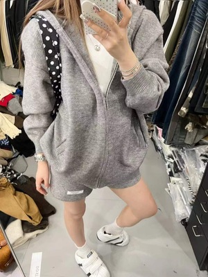 Miss家 2025秋季新款韩版时尚百搭显瘦针织连帽拉链外套+短裤套装