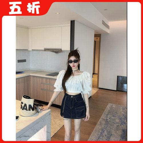 【五折】法式复古蕾丝花边泡泡袖衬衫女2025夏季新款设计感短上衣