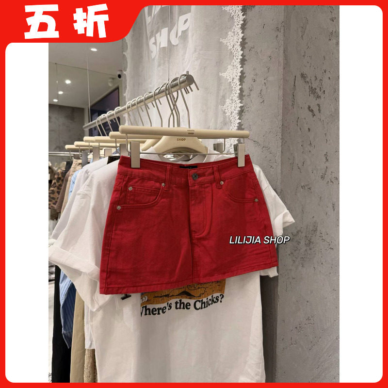 【五折】美式复古高腰显瘦红色牛仔半身裙女百搭防走光a字短裙