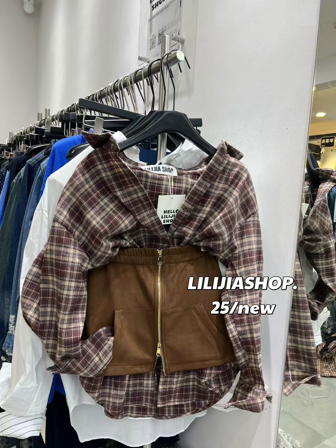Miss家 2025秋复古宽松显瘦格子衬衫上衣拉链半身短裙两件套装女