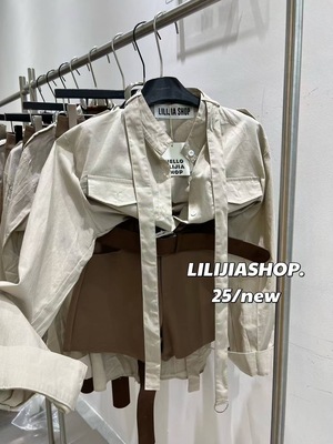 Miss家 2025秋季新款韩版洋气口袋百搭显瘦立领绑带短款衬衫女