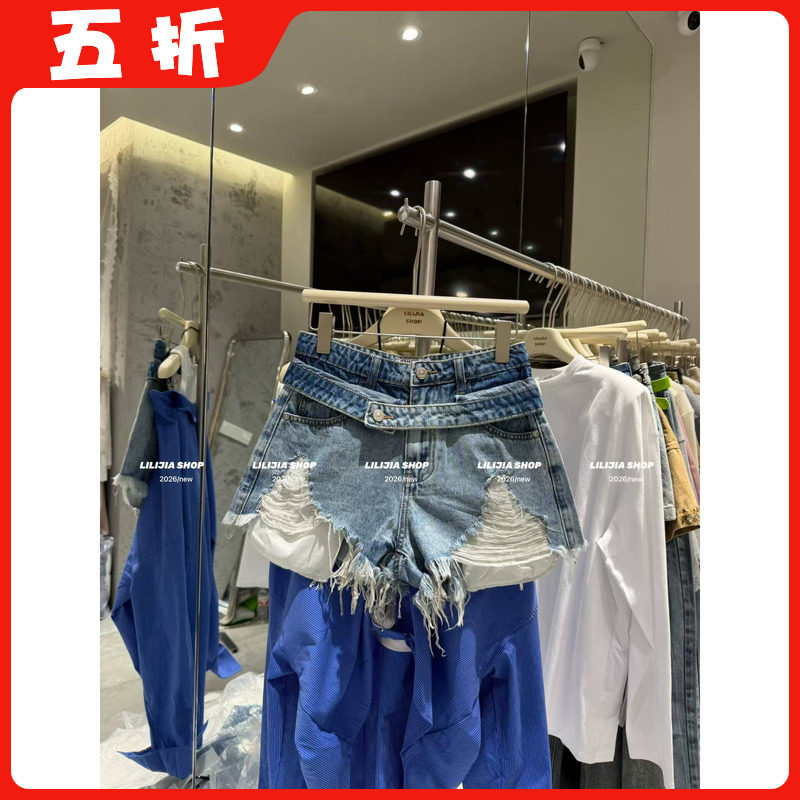 【五折】26夏季新款韩版时尚高腰显瘦百搭破洞牛仔短裤女a字热裤