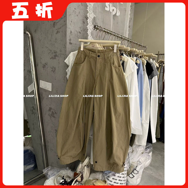 【五折】夏季时尚松紧腰卡其色薄款阔腿牛仔裤女宽松休闲工装裤