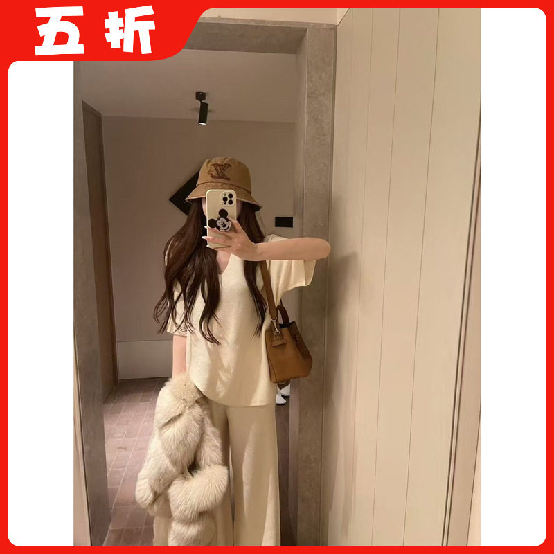【五折】26春季韩版时尚百搭宽松V领显瘦短袖上衣+阔腿裤时尚套装