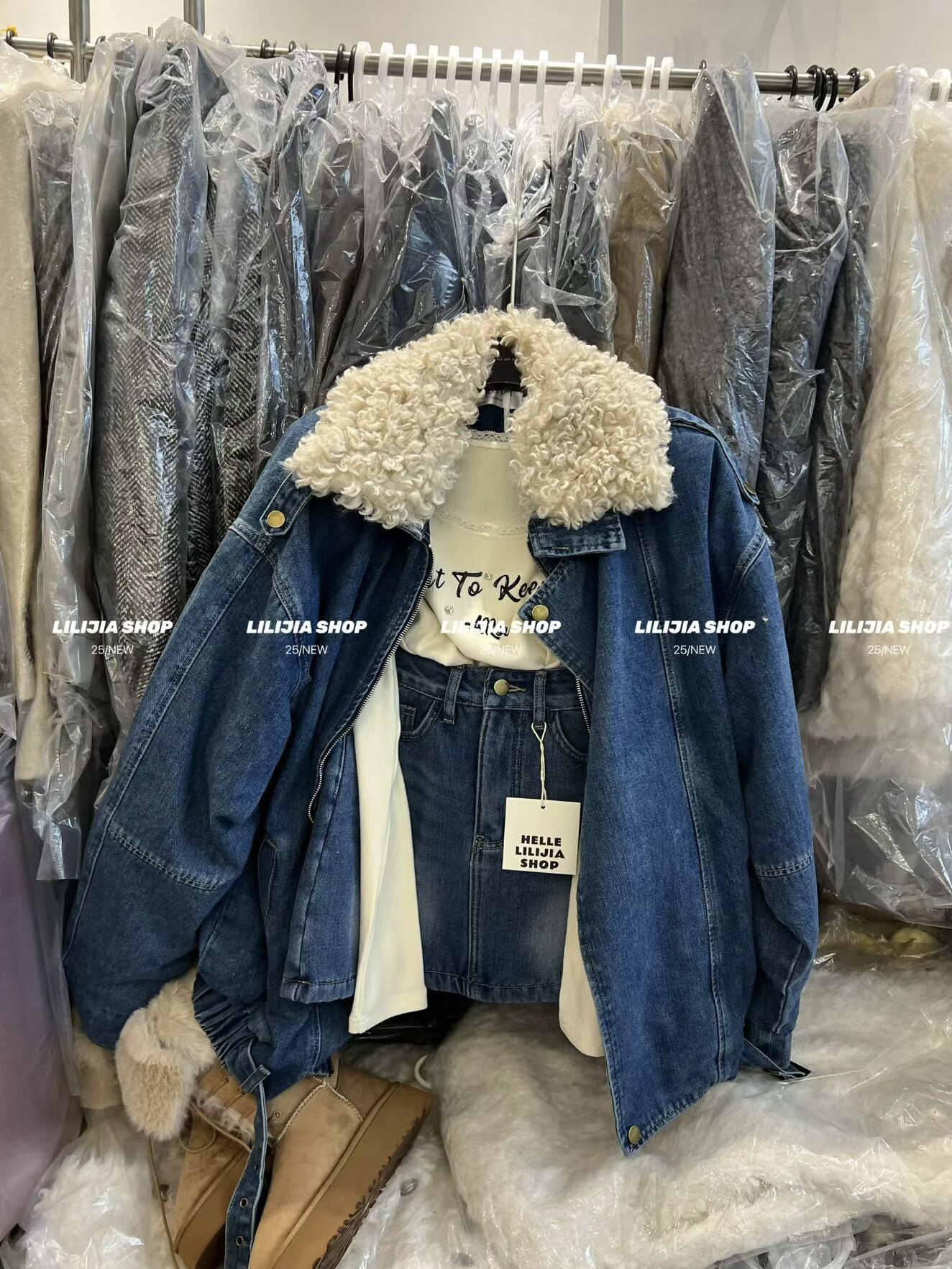 Miss家 韩版复古设计感小众长袖羊羔毛领牛仔外套+短裙两件套套装