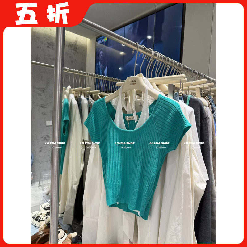 【五折】2026春装新款撞色假两件短袖针织衫女短款修身显瘦上衣