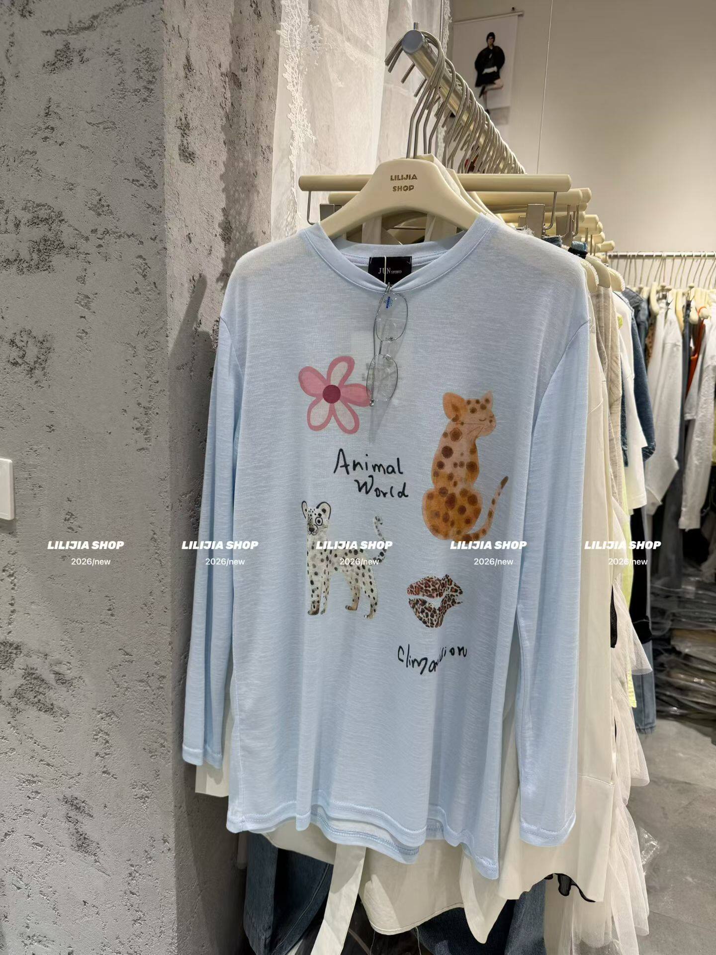 Miss家 2026新款韩版时尚百搭韩系卡通印花圆领长袖防晒T恤女