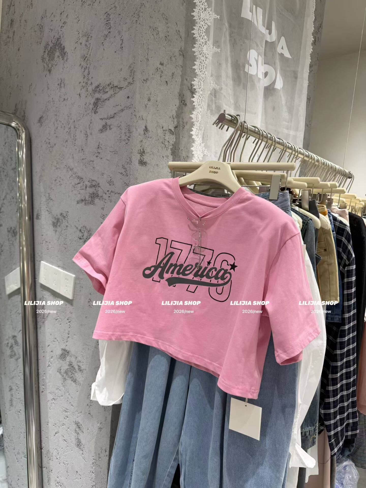 Miss家 2026夏季新款韩版时尚百搭显瘦字母粉色印花短袖T恤女上衣