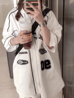 美式机车服短袖衬衫女夏季薄款拉链设计感oversize七分袖衬衣外套